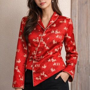 Red Chinese Brocade Wrap Jacket Asymmetric Hem Chinese New Year Horse